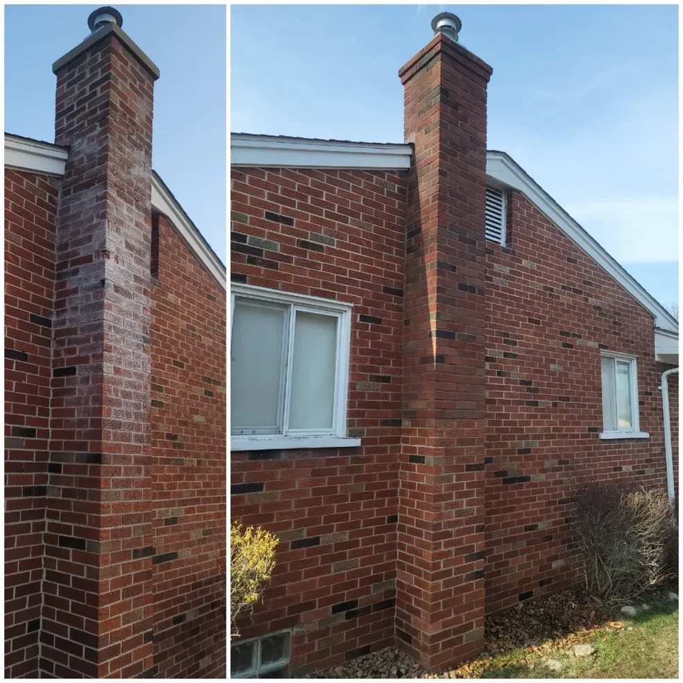 Brick chimney before and after restoration on home exterior