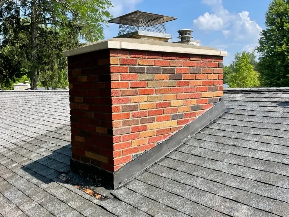 Rebuilt brick chimney on rooftop with new flashing